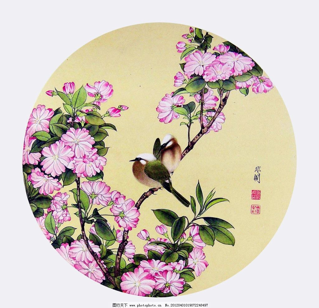 海棠白头 美术 中国画 工笔画 花鸟画 花木 花朵 海棠花 白头鸟 国画