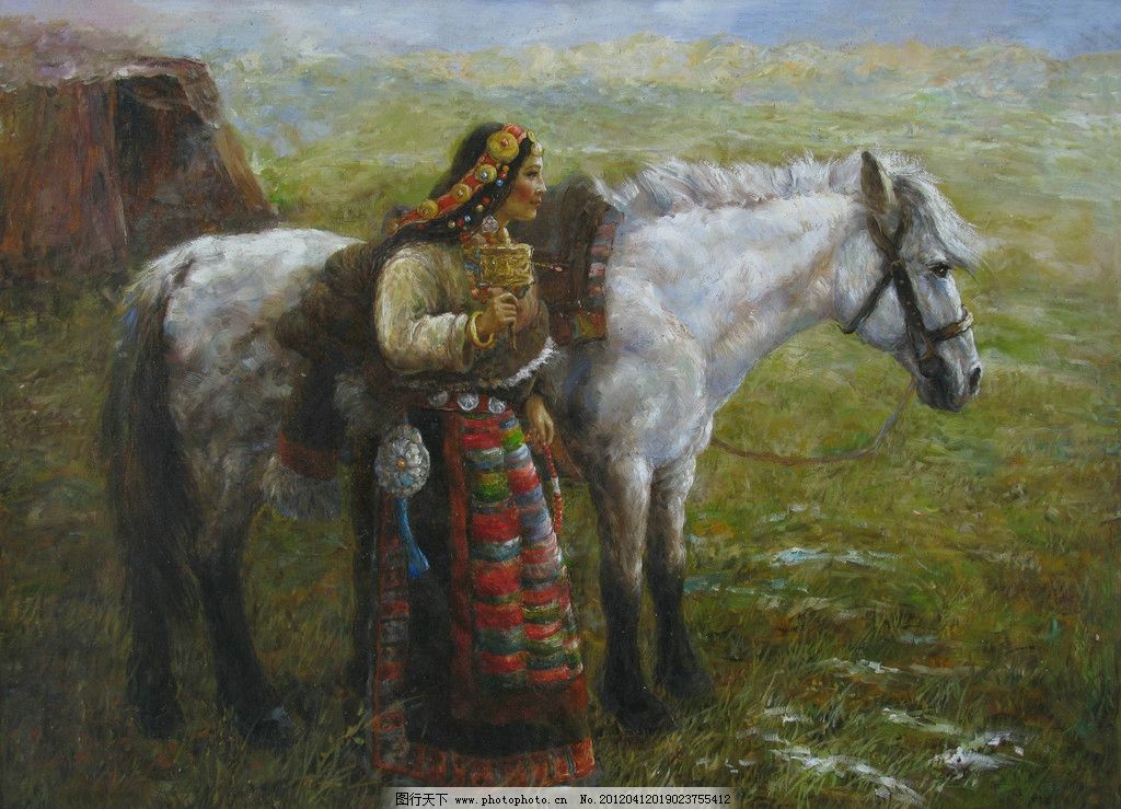 油画人物 人物油画 油画 绘画 艺术 设计 油画作品 大师作品 当代艺术家作品 艺术家 挂画 名画 世界名画 美女 女人 妇女 妇人 东方油画 服装 衣服 女装 马 动物 草原 草地 少数民族 绘画书法 文化艺术 180DPI JPG