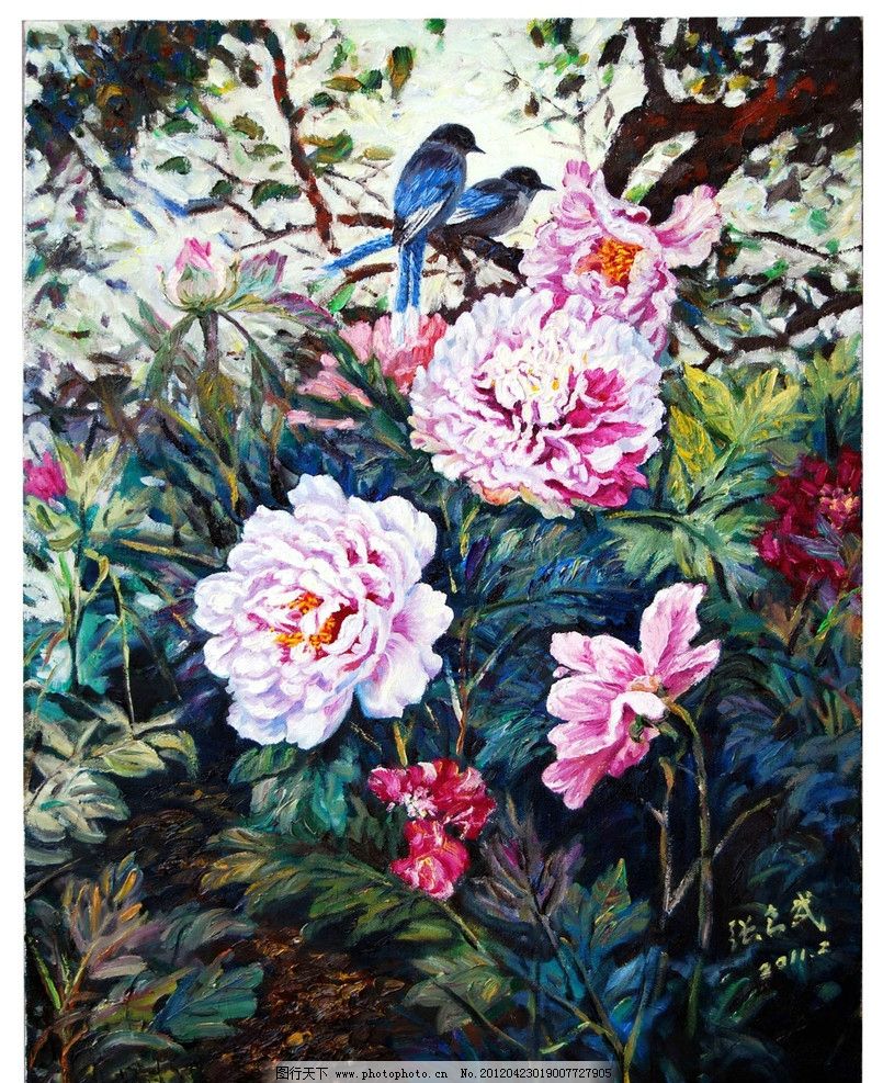 牡丹油画 花卉油画 油画 油画花卉 花卉 绘画 艺术 设计 油画作品 大师作品 当代艺术家作品 挂画 名画 世界名画 西方油画 鲜花 树木 植物 牡丹 牡丹花 小鸟 动物 绘画书法 文化艺术 72DPI JPG
