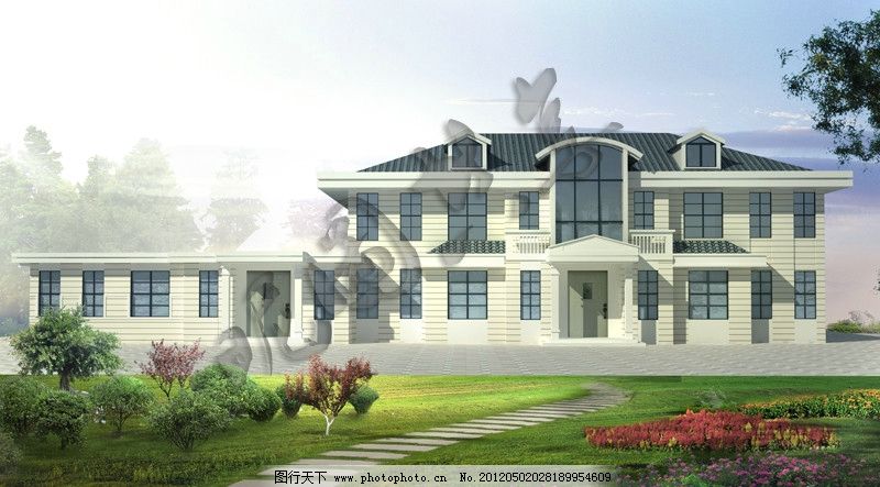 泵房建筑效果图 欧式 透视图 两层 双层 单层 简约 窗体 园路
