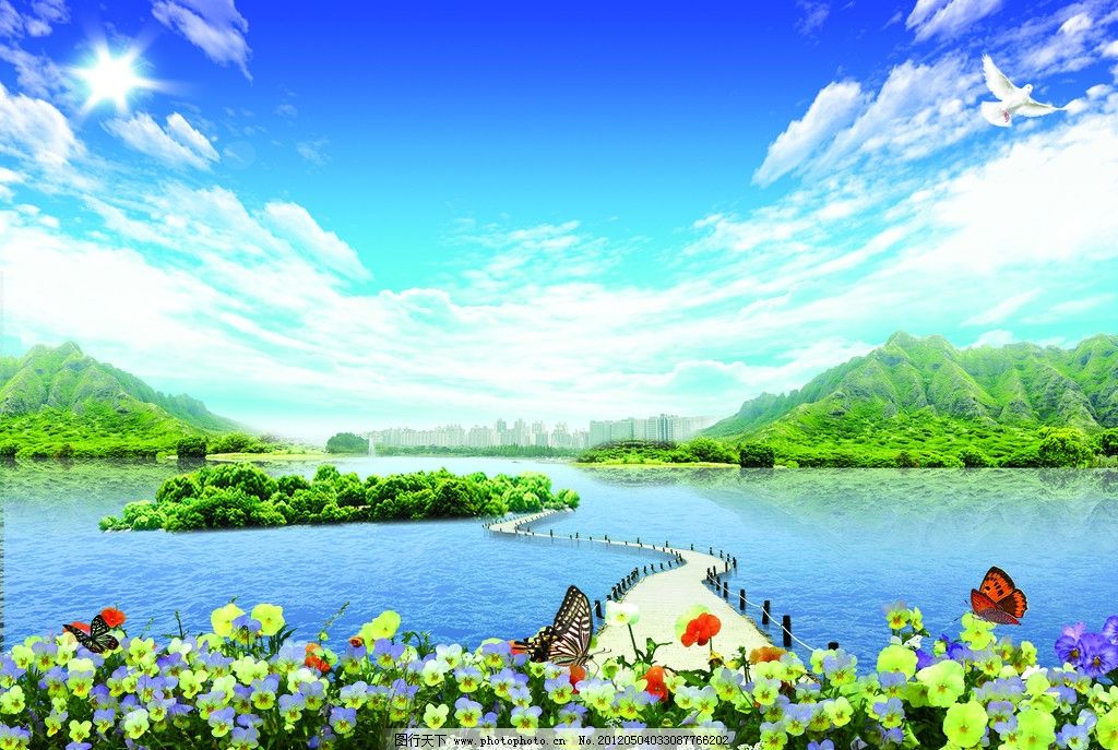 唯美自然风景 蓝天 白云 自然风光 海鸥 湖水 小溪 小桥 花 草 树 木 小山 阳光 光束 蝴蝶 花朵 湖泊 唯美风光 三峡 旅游景点 建筑 高楼大厦 源文件 PSD 300DIP PSD分层素材 300DPI
