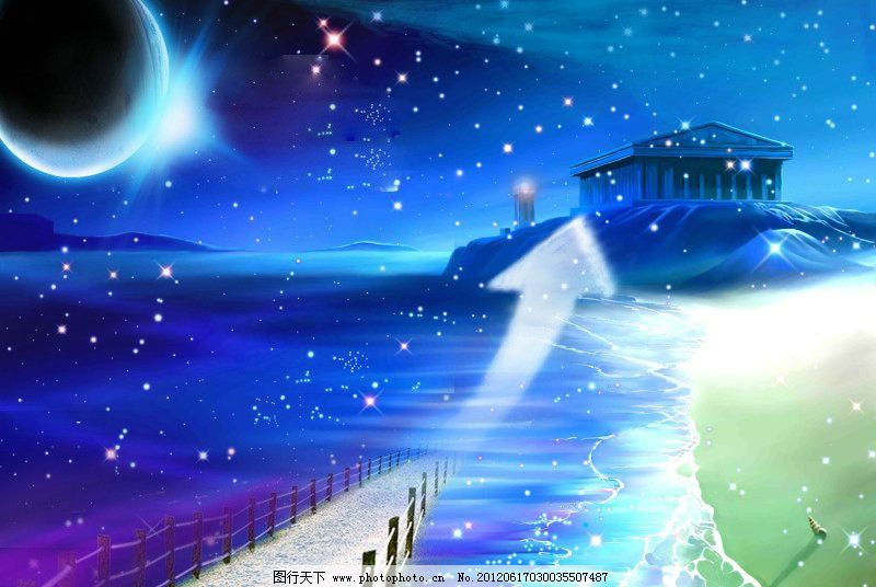 星空 遐想 创意 海 黑夜 月亮 意境 键头 桥 海面 建筑 沙滩 海报设计图片